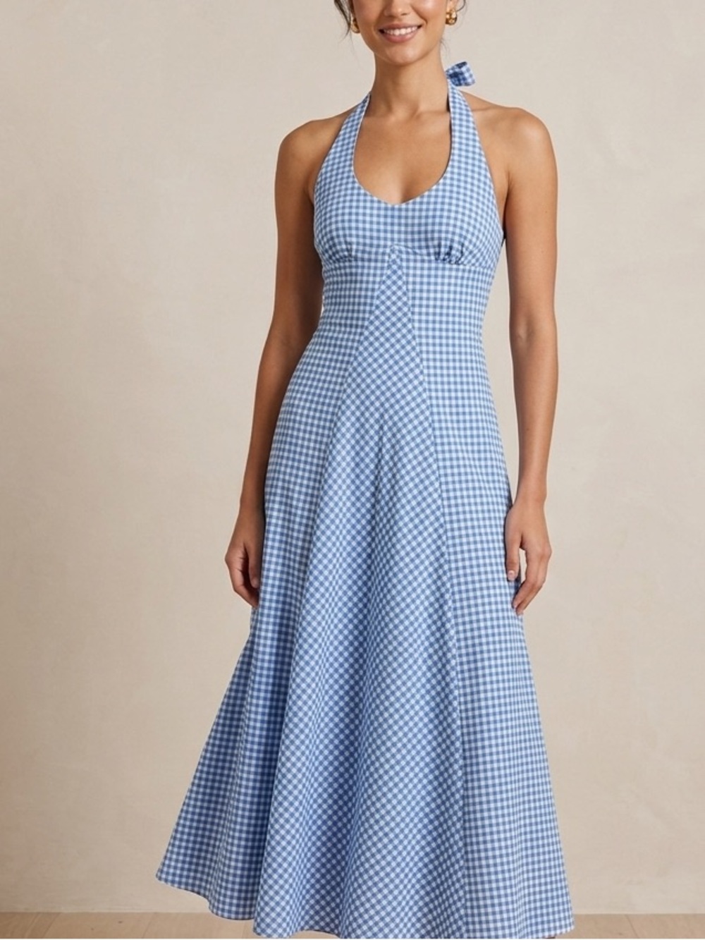 Vintage Jack Hartley Light Blue Gingham Halter Neck‎ Maxi Dress Size Small